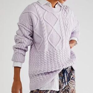 Free People Leslie Cable Knit Sweater Frost Lavender Oversized Chunky